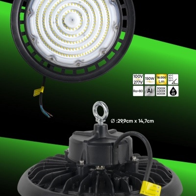 Lâmpada LED industrial redonda preta com módulos de LED e cabo exposto