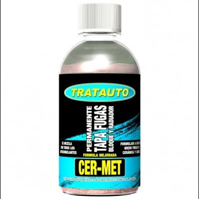 Frasco do produto TRATAUTO permanente tapa fugas bloquea radiador CER-MET