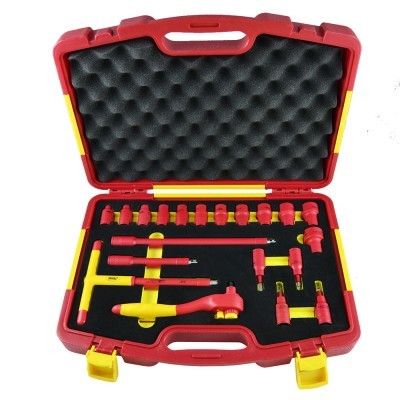 Conjunto de ferramentas isoladas em caixa vermelha e amarela