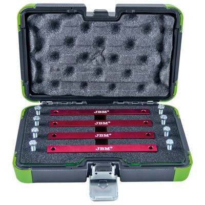 Estojo preto e verde com barras metálicas vermelhas e parafusos prateados