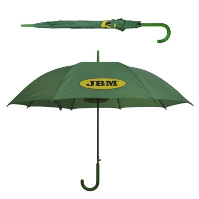 Guarda-chuva verde com cabo curvo e logótipo JBM amarelo no topo