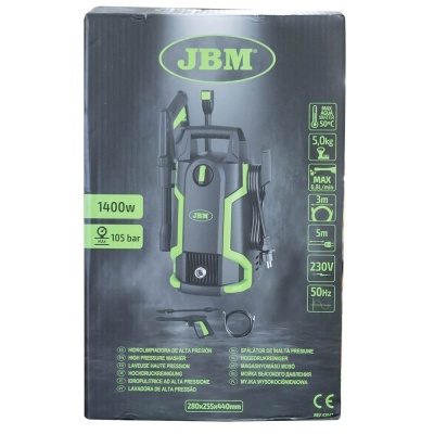Embalagem de lavadora alta pressão JBM preta e verde com especificações técnicas