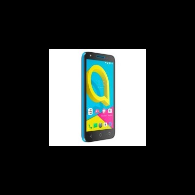 Smartphone preto com moldura azul e ícones coloridos no ecrã