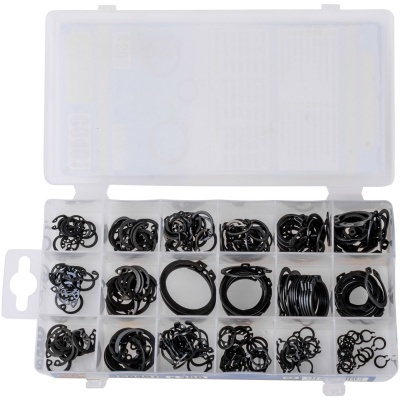 Caixa transparente com anéis de segurança pretos organizados em 20 divisórias