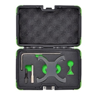 Estojo preto e verde com ferramentas organizadas em espuma acolchoada.