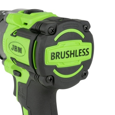 Parafusadeira verde e preta com texto BRUSHLESS