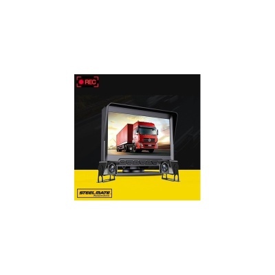 Ecrã preto STEEL MATE mostrando camião vermelho com ícone REC.