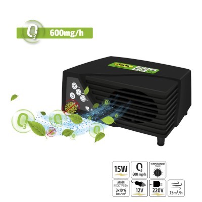 Purificador de ozono preto com ventilador e especificações técnicas