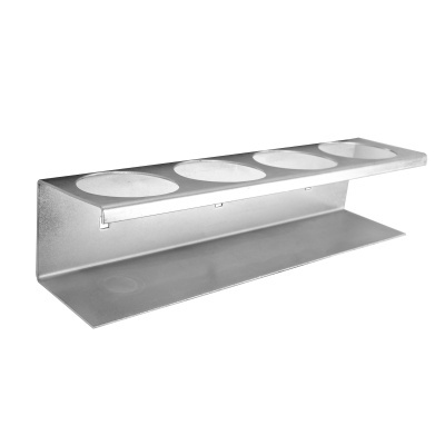 Prateleira metálica prateada com quatro suportes circulares embutidos