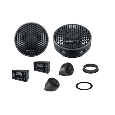 Conjunto de altifalantes e acessórios HERTZ pretos com texto DX 100 e HERTZ