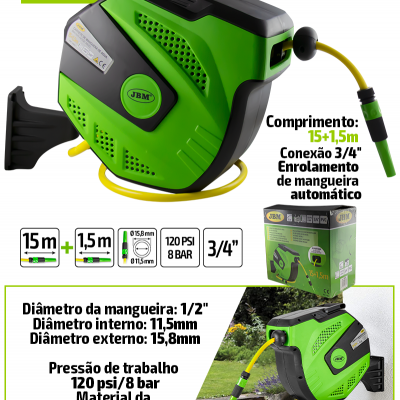 Carretel de mangueira automático verde e preto com mangueira amarela da JBM e embalagem com texto técnico