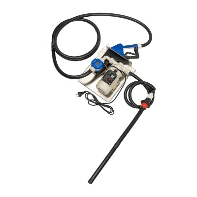 Bomba elétrica portátil com pistola de disparo azul e preta e mangueiras pretas