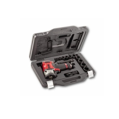 Conjunto de ferramenta de impacto elétrica vermelho e preto numa mala preta aberta.