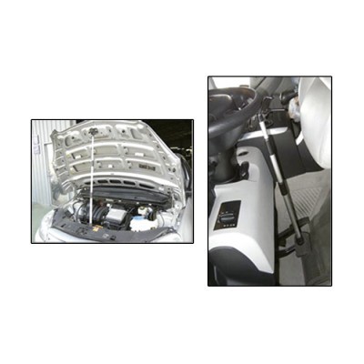 Carro prateado com capot aberto mostrando motor e interior com recurso mecânico próximo ao volante