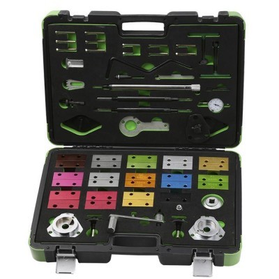 Estojo de ferramentas coloridas organizadas em interior preto e verde