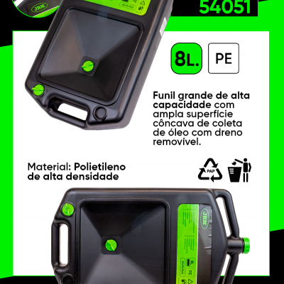 Funil grande preto com detalhes verdes para coleta de óleo, 8L, polietileno, com tampa de segurança e fechamento hermético.