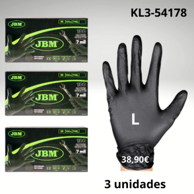 Três caixas de luvas JBM pretas e uma luva preta tamanho L exibida aberta