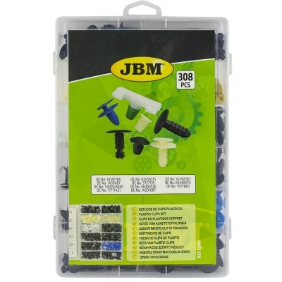 Caixa plástica com conjunto de grampos plásticos multicoloridos marca JBM