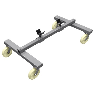Carrinho de transporte metálico cinza com quatro rodas de borracha branca