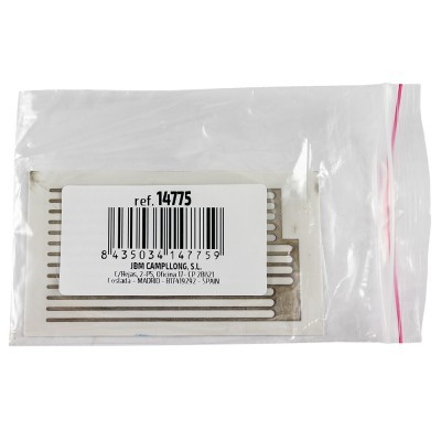 Conjunto de lâminas metálicas num saco plástico com etiqueta e código de barras