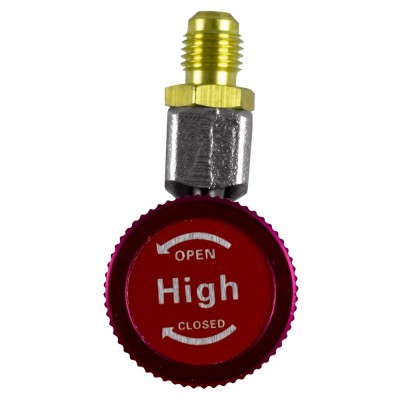 Válvula de controlo vermelha e metálica com texto e conector amarelo