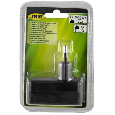 Adaptador USB preto em embalagem plástica com etiqueta amarela e verde