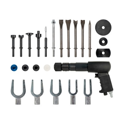 Conjunto de ferramentas de reparação com pistola pneumática preta e várias peças metálicas e de borracha pretas e cinzentas