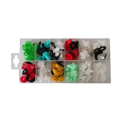 Conjunto de presilhas coloridas organizadas em caixa plástica