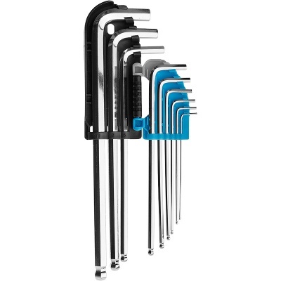 Conjunto de chaves allen metálicas com suportes plástico preto e azul em fundo branco