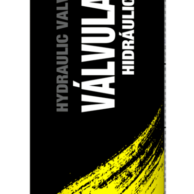 Frasco de produto TRATAUTO para válvulas hidráulicas com rótulo preto e amarelo e imagem de peças mecânicas