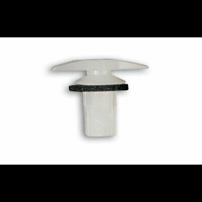 Clip branco de plástico com arruela preta sobre fundo branco