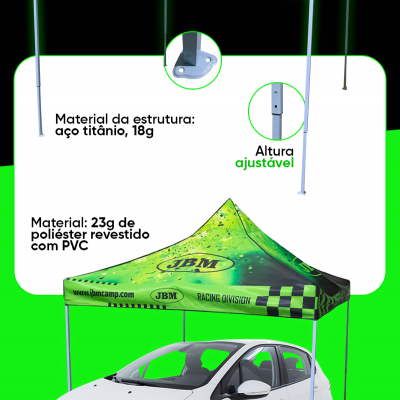 Tenda verde 3mx3m com logotipos JBM e estrutura metálica ajustável