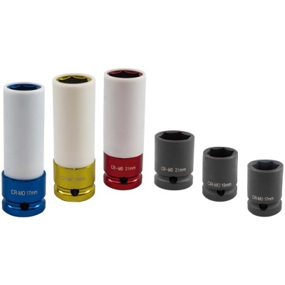 Seis soquetes de diferentes cores e tamanhos com código CR-MO