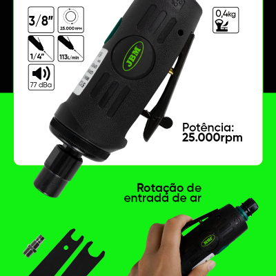 Ferramenta pneumática preta e verde JBM com chaves e acessório, potência 25.000 rpm