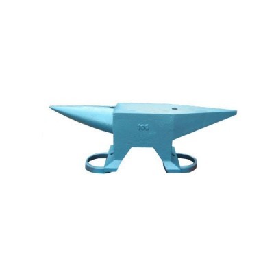 Bigorna azul metálica com número 100 e suportes circulares