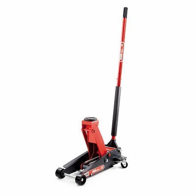 Macaco hidráulico de chão preto e vermelho com alavanca e rodas