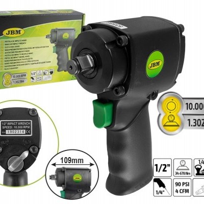 Chave de impacto pneumática preta e verde JBM com embalagens e etiquetas técnicas