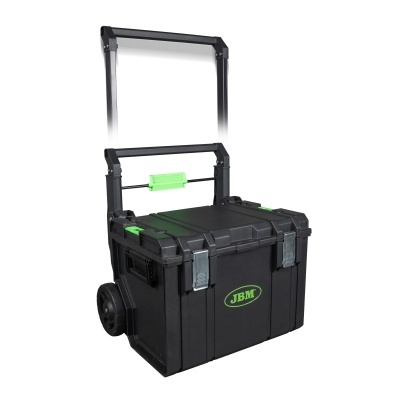 Caixa organizadora de ferramentas preta com puxador e rodinhas.