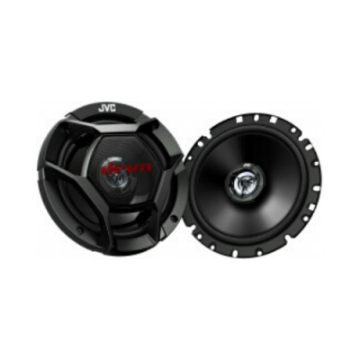 Par de colunas JVC pretas com e sem grade protetora colocadas lado a lado.