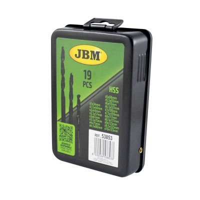 Estojo preto com brocas metálicas e etiqueta verde JBM