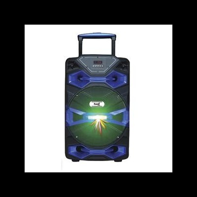 Coluna de som portátil preta com detalhes azuis e visor digital