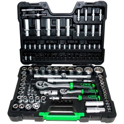 Conjunto de ferramentas JBM com catracas e soquetes em estojo preto e verde