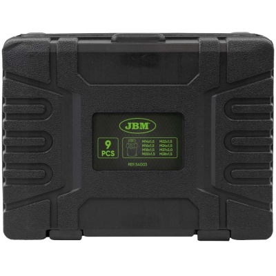 Estojo rígido preto com etiqueta verde e texto JBM 9 PCS