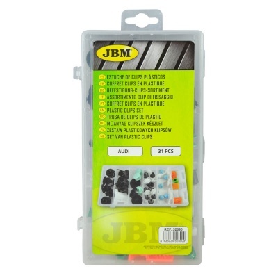 Estojo de clips plásticos JBM com etiqueta amarela e preta e várias peças coloridas