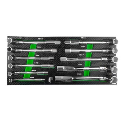 Conjunto de chaves de caixa metálicas organizadas em suporte preto com detalhes verdes