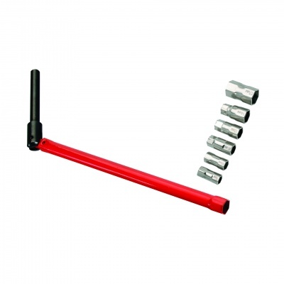 Chave de catraca com cabo vermelho e soquetes metálicos