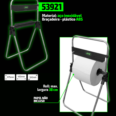 Suporte para rolo de papel em aço inoxidável com braceadeira preta e texto informativo em fundo preto