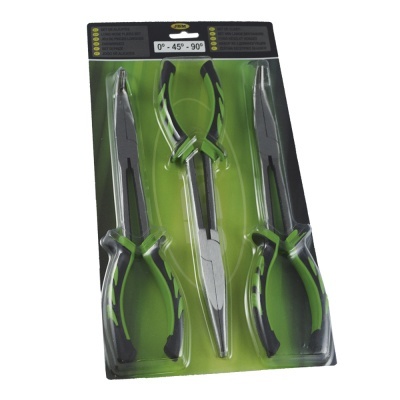 Conjunto de três alicates com cabos verde e preto em embalagem de blister