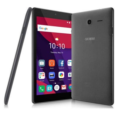 Tablet Alcatel cinza com ecrã a mostrar várias aplicações e data