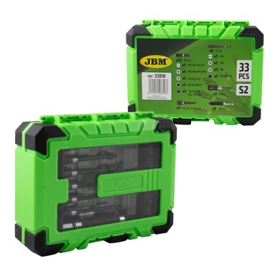 Estojo verde e preto tipo estojo para ferramentas com 33 peças e etiqueta na parte traseira.